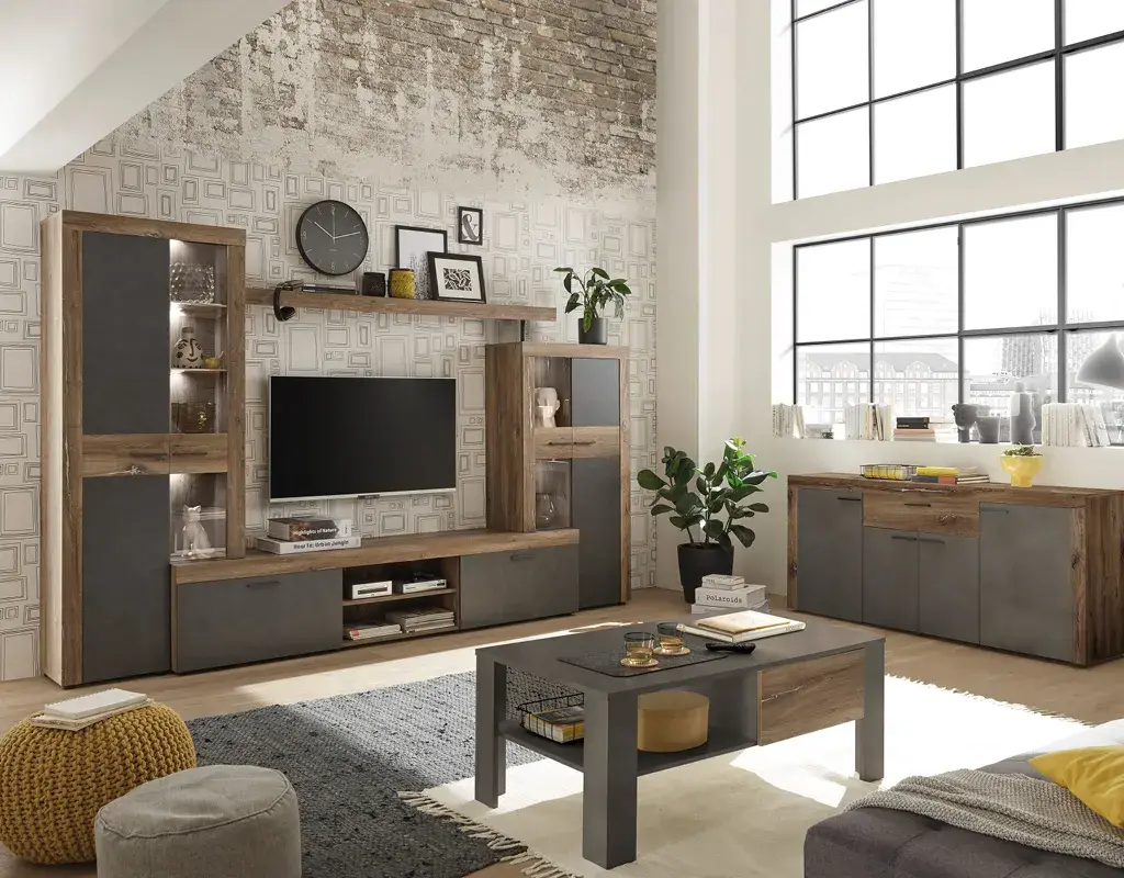 Moderne Wohnwand im Industrial Look mit Holz- und Betonoptik, TV-Möbel, Vitrinenschränken und Sideboard. Stilvolles Wohnzimmer-Set mit viel Stauraum und dekorativer Beleuchtung.
